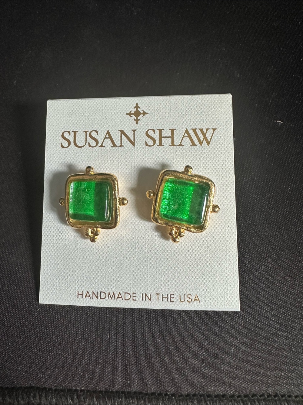 Susan Shaw Gold-Tone Emerald Green Square Stud Earrings